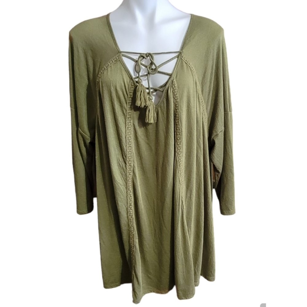 Hannah Boho Tie Front Top Olive Green Size 2X